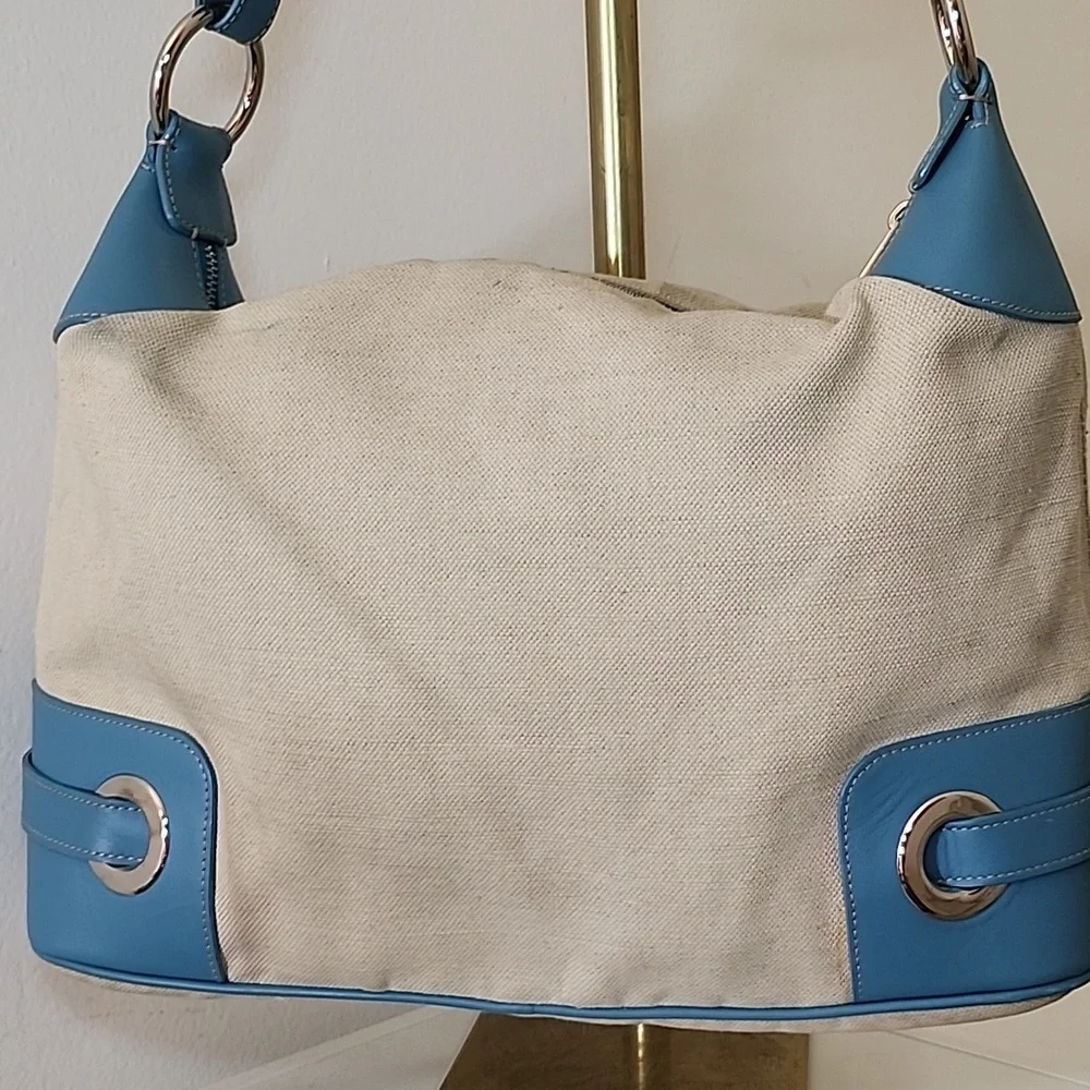 Bally Blue and Cream Canvas/ Leather Hobo Shoulder Bag